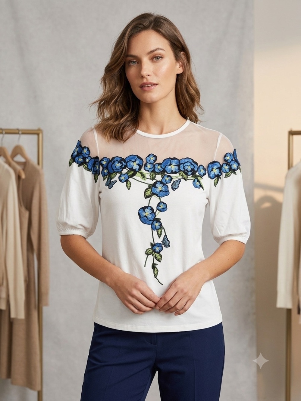 ANNE FONTAINE White Top with Blue Floral Embroidery (128)